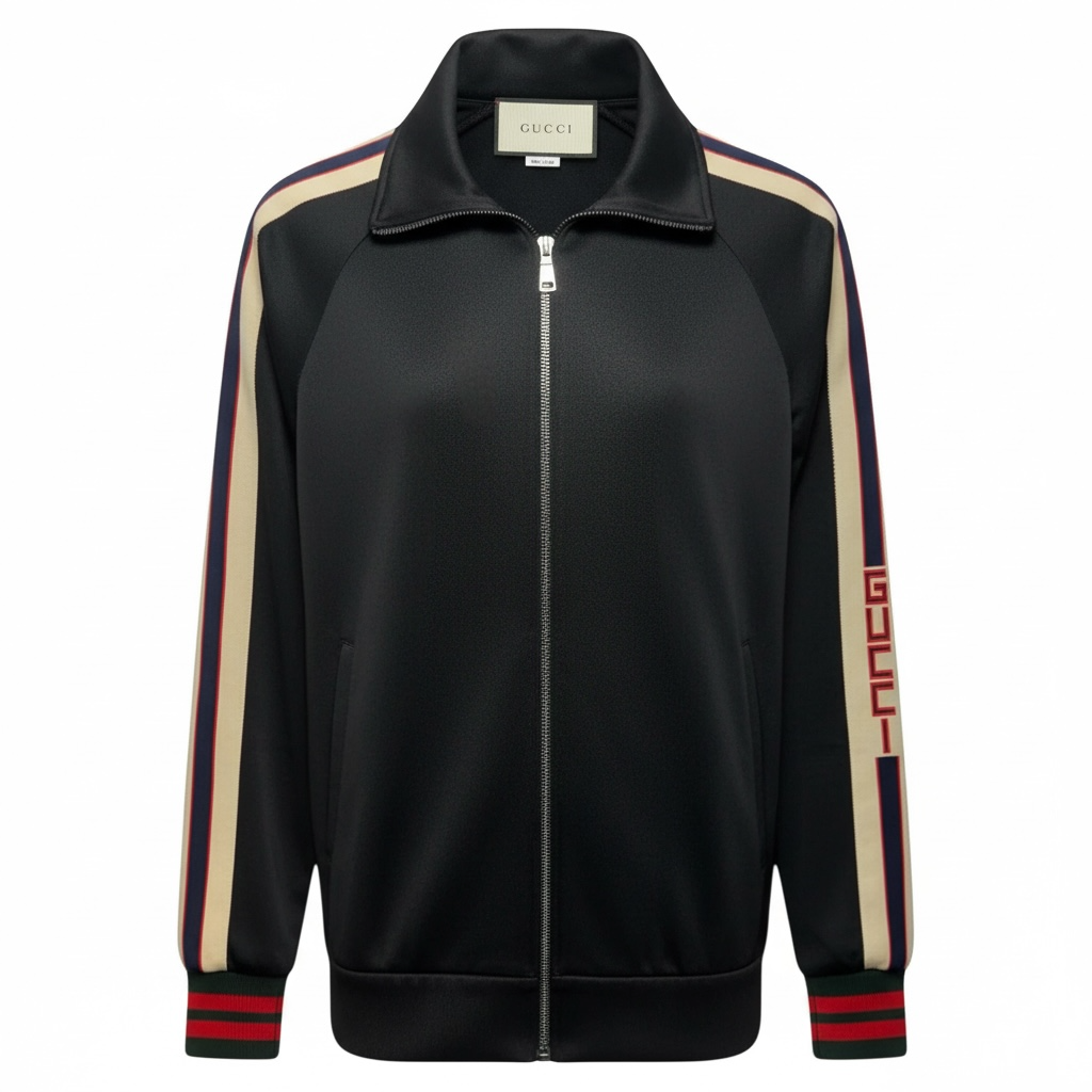 Web Trim Technical Jersey Track Jacket Luxury Designer By Gucci In Black & Cream, Size: S MENÂS