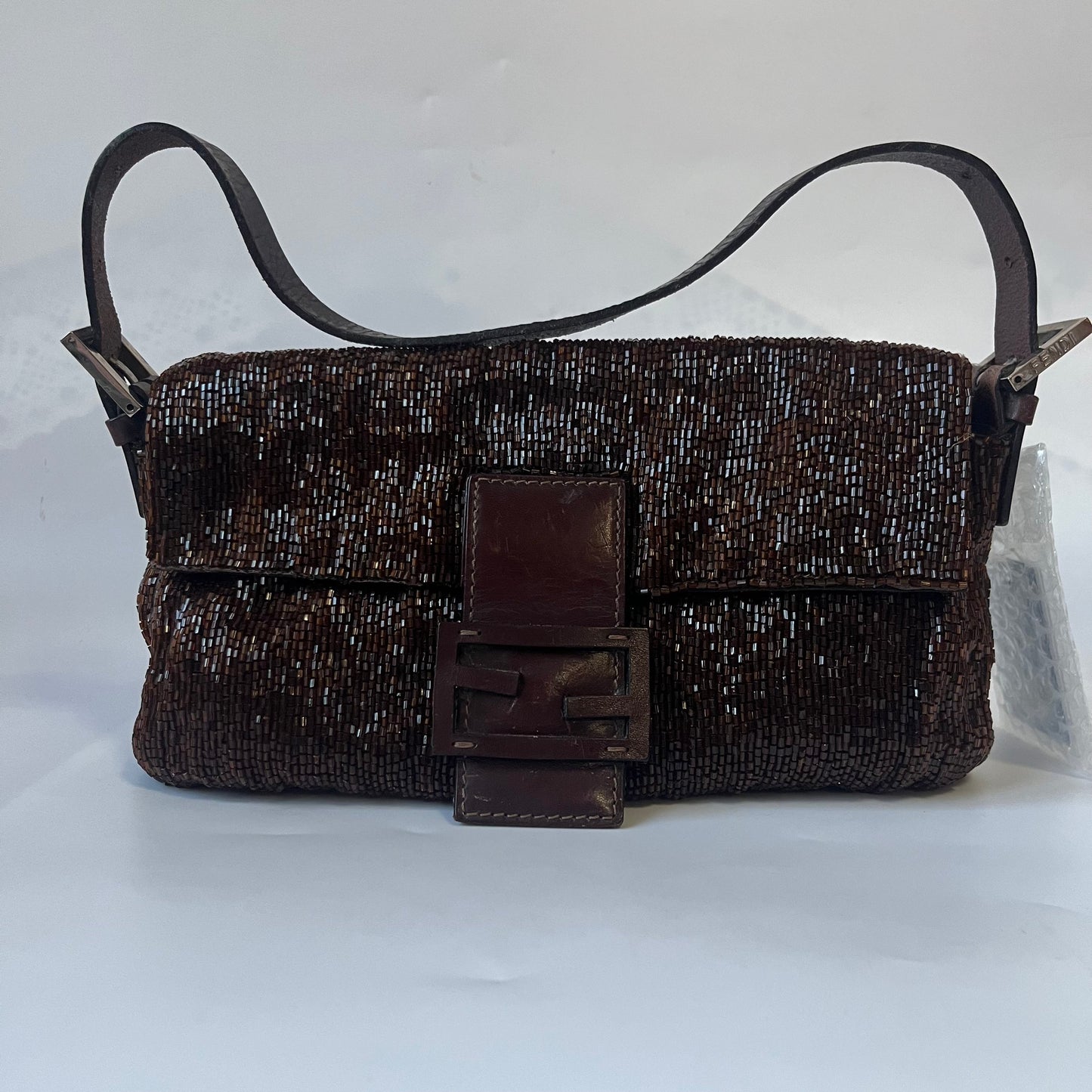 Fendi Baguette Vintage Dark Chocolate Brown Glitter Beads