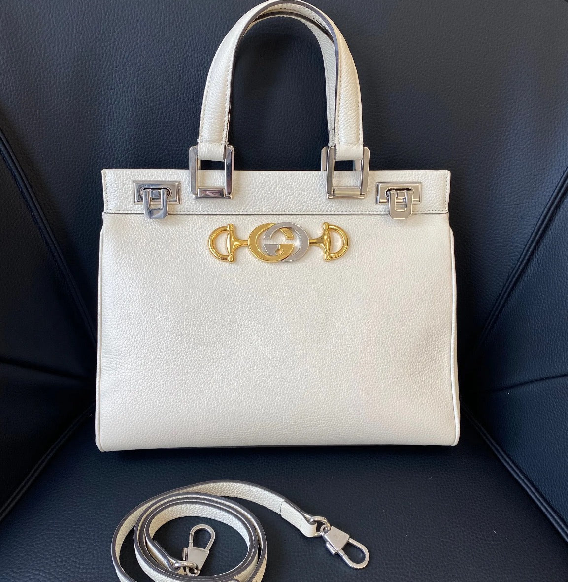 Gucci Small Zumi Top Handle Bag Mystic White Grainy Calfskin