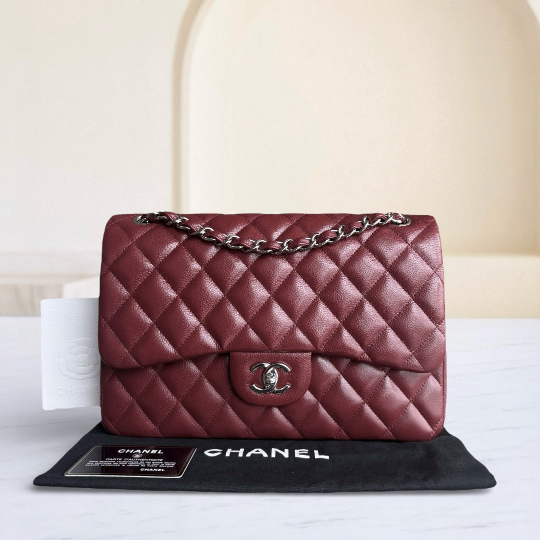 Chanel Classic Flap Jumbo - Caviar 30CM Double Flap Quilted Burgundy Gold Hardware