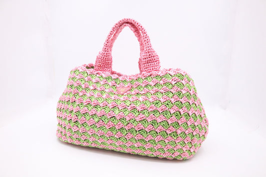 Prada Canapa Tote Large in Pink and Green Raffia Crochet