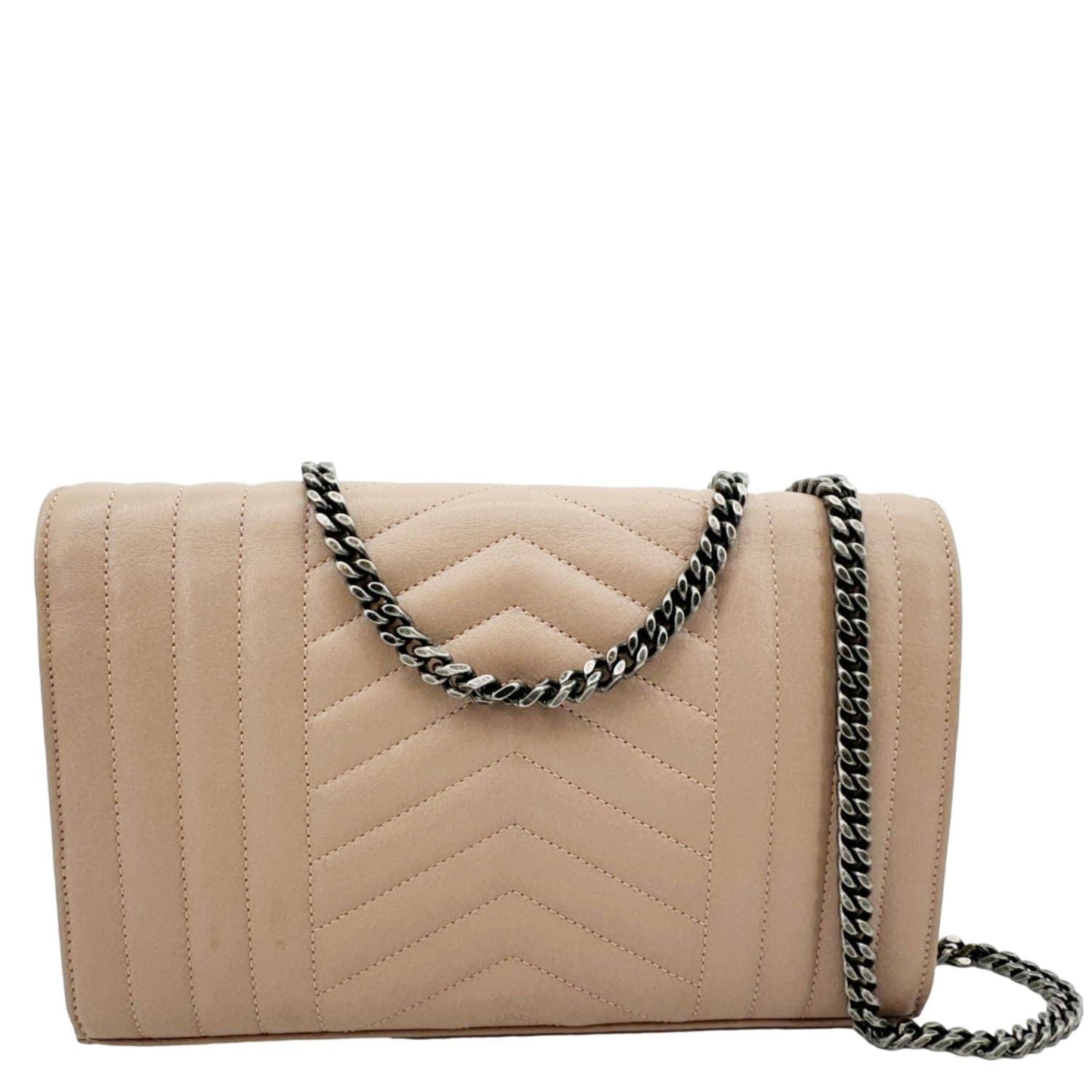 YVES SAINT LAURENT Envelope Sheepskin Leather Chain Shoulder Bag Dark Beige