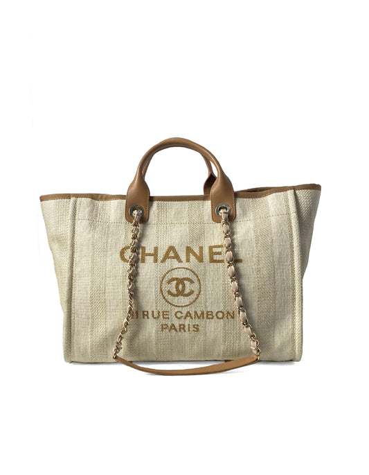 Chanel 2020 Beige Mixed Fibers Striped Large Deauville Tote