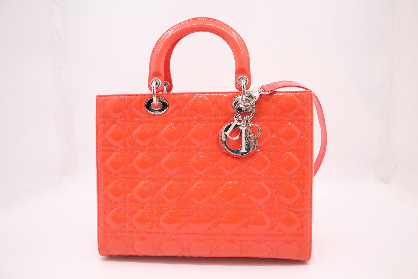 Dior Lady Dior Large in Orange Cannage Patent Leather