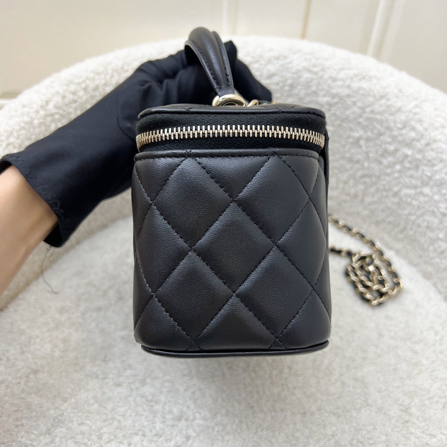 Chanel Top Handle Small Vanity in Black Lambskin and LGHW (Model: AP2199) Handbag