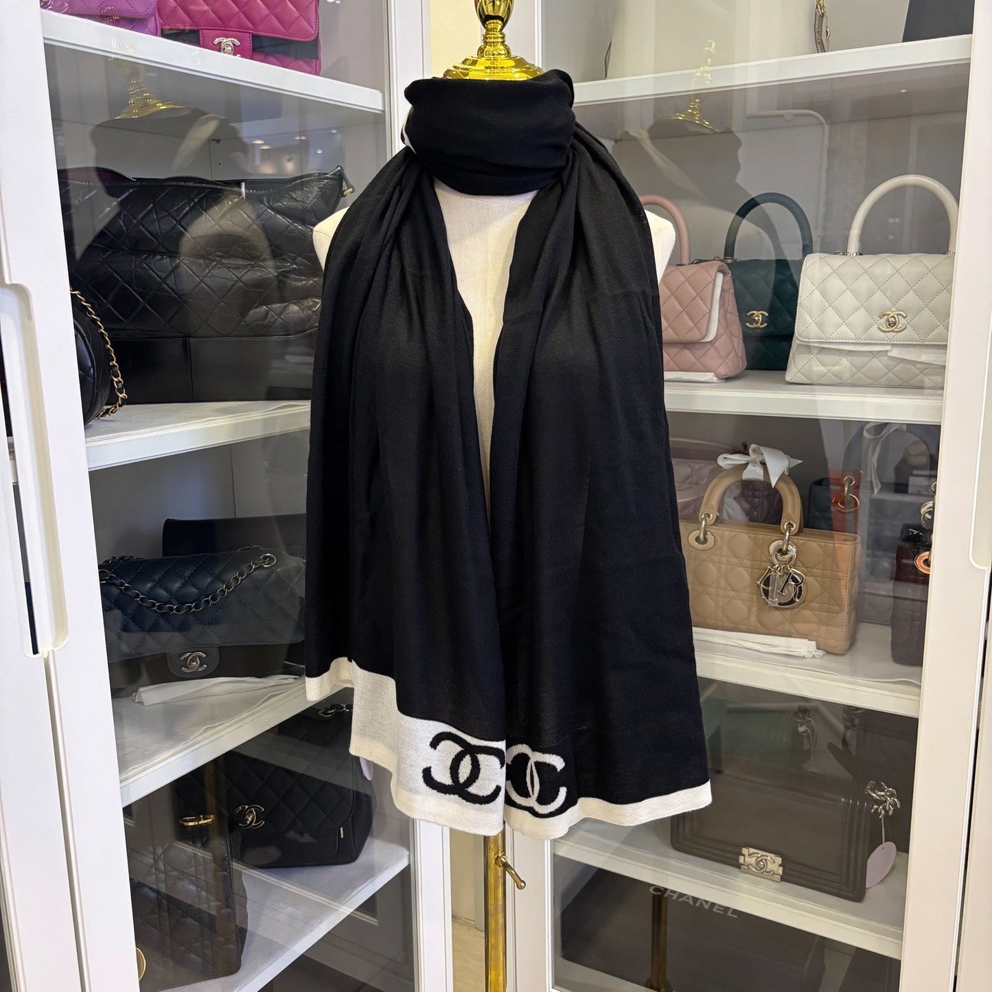 Chanel 4 Piece Travel Set with Pouch, Shawl, Socks and Eye Shield in Black and White Cashmere / Wool / Silk Clutch