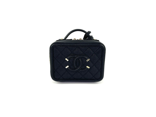 CHANEL Filigree Small Black Caviar Cosmetic Crossbody Vanity Case Bag