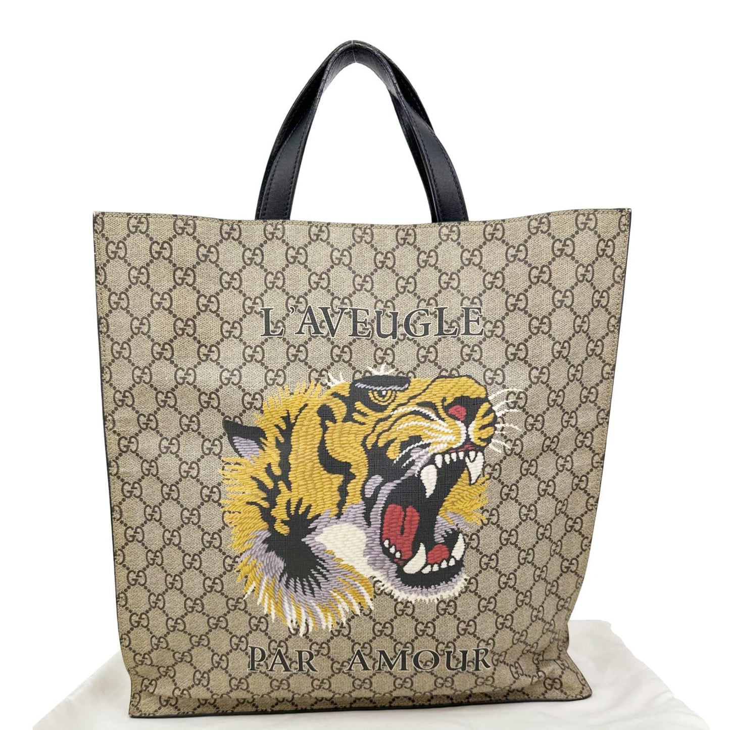 GUCCI L’Aveugle Par Amour Tiger Print GG Supreme Canvas Vertical Tote Bag Beige 450950
