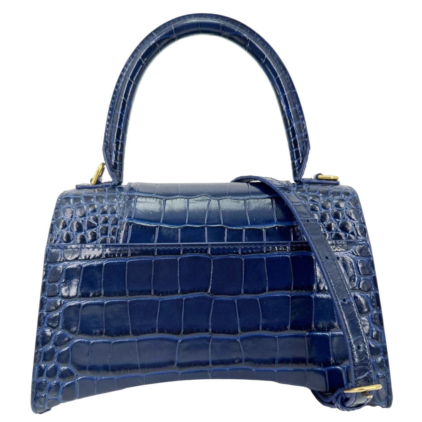 BALENCIAGA Hourglass Small Crocodile Embossed Top Handle Shoulder Bag Blue