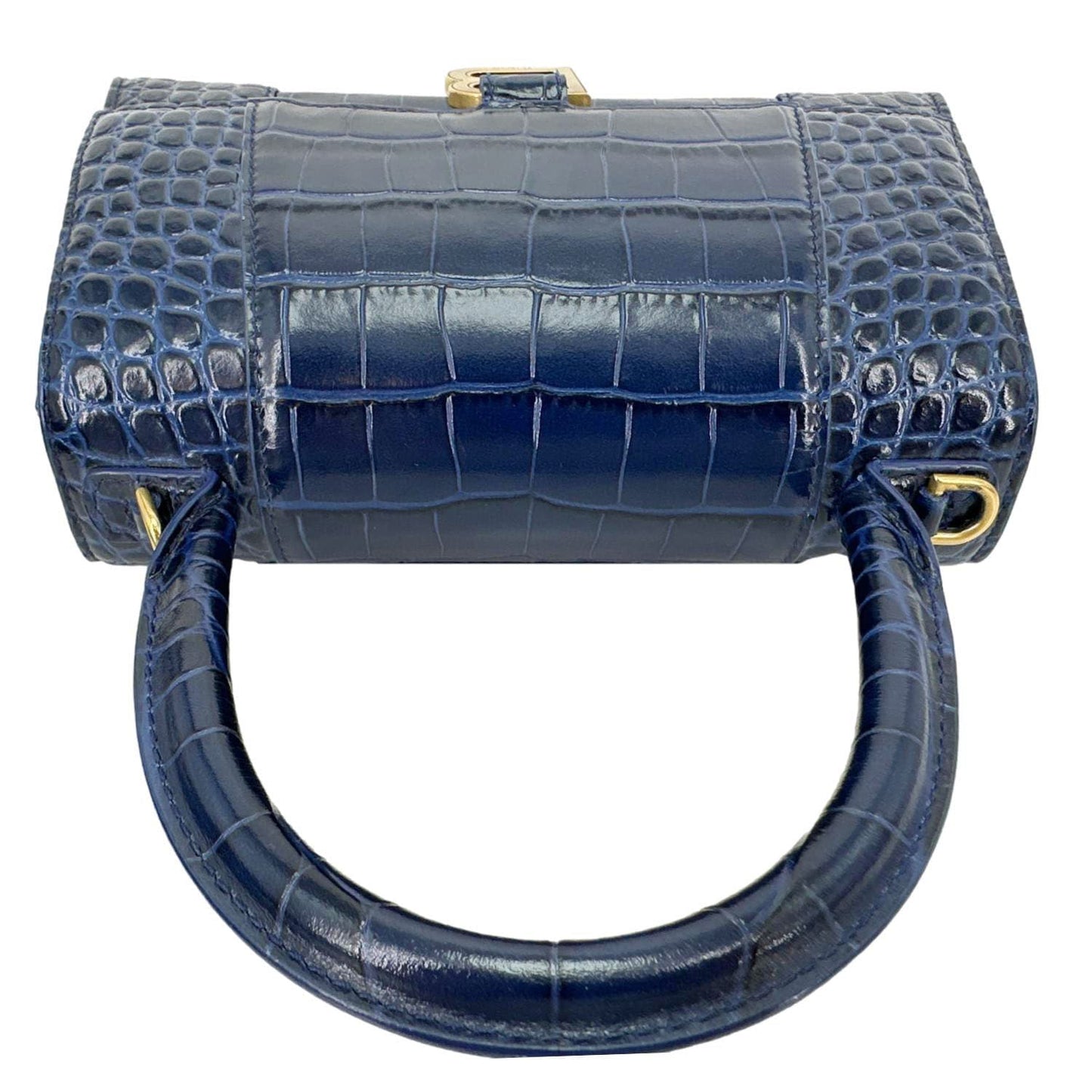 BALENCIAGA Hourglass Small Crocodile Embossed Top Handle Shoulder Bag Blue