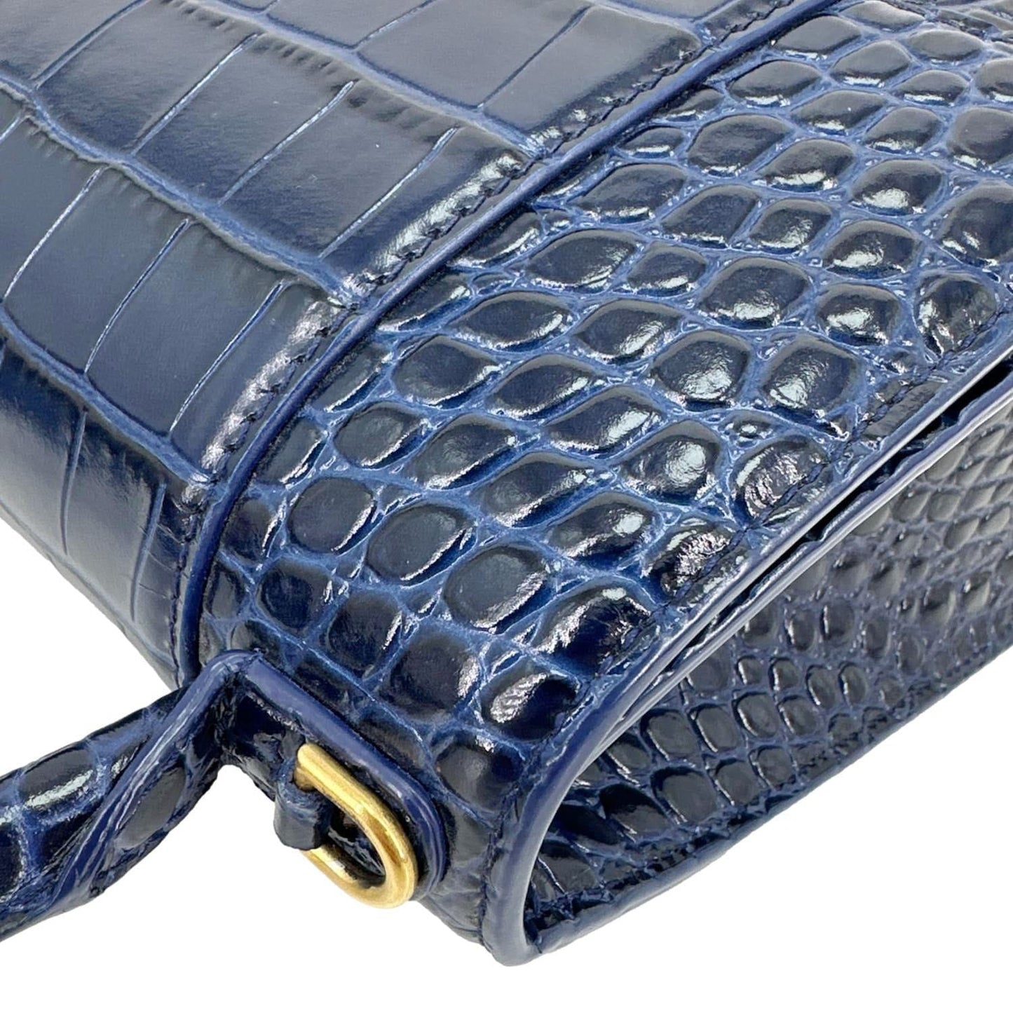 BALENCIAGA Hourglass Small Crocodile Embossed Top Handle Shoulder Bag Blue