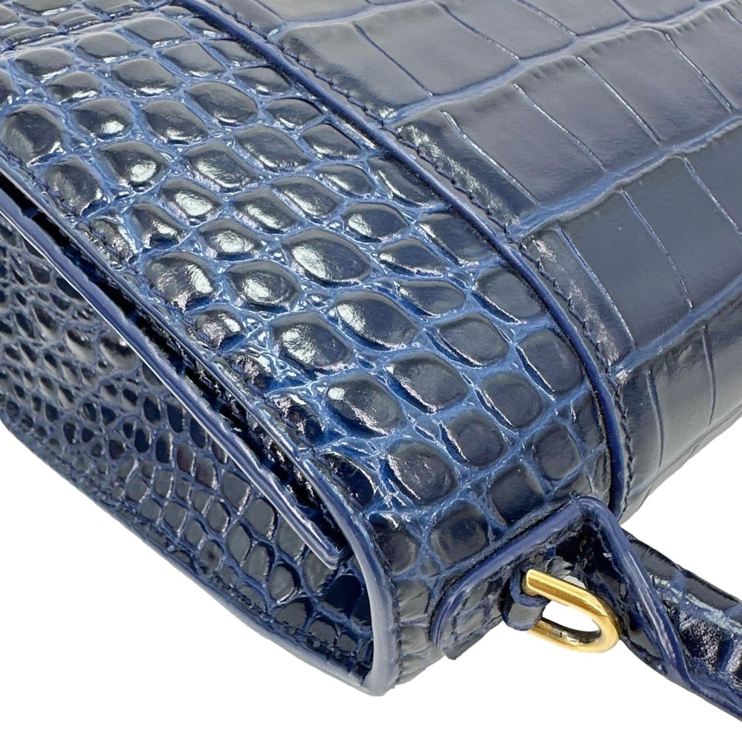 BALENCIAGA Hourglass Small Crocodile Embossed Top Handle Shoulder Bag Blue