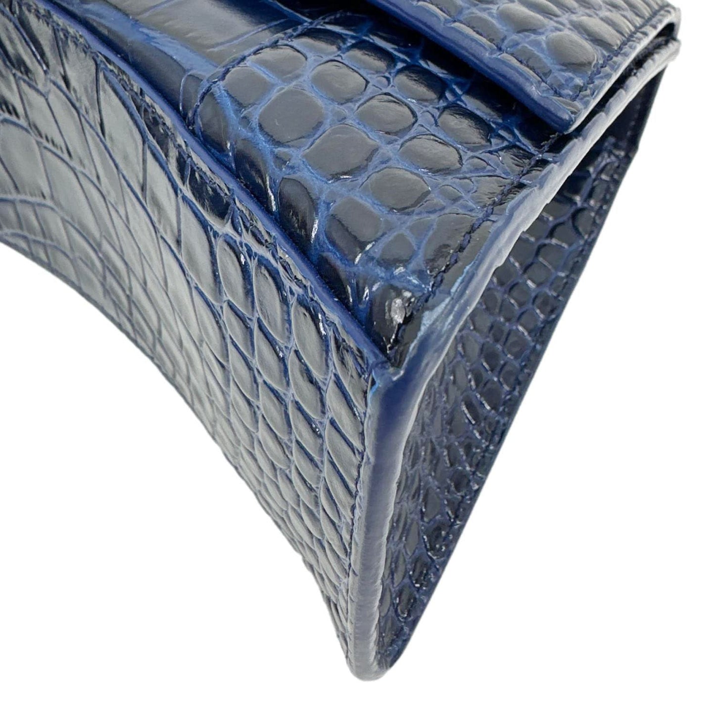 BALENCIAGA Hourglass Small Crocodile Embossed Top Handle Shoulder Bag Blue