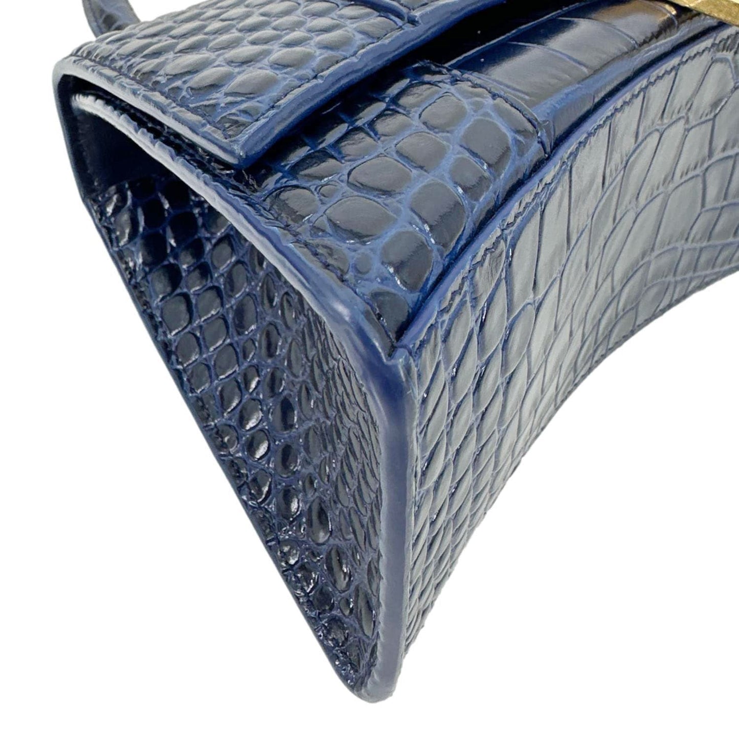 BALENCIAGA Hourglass Small Crocodile Embossed Top Handle Shoulder Bag Blue