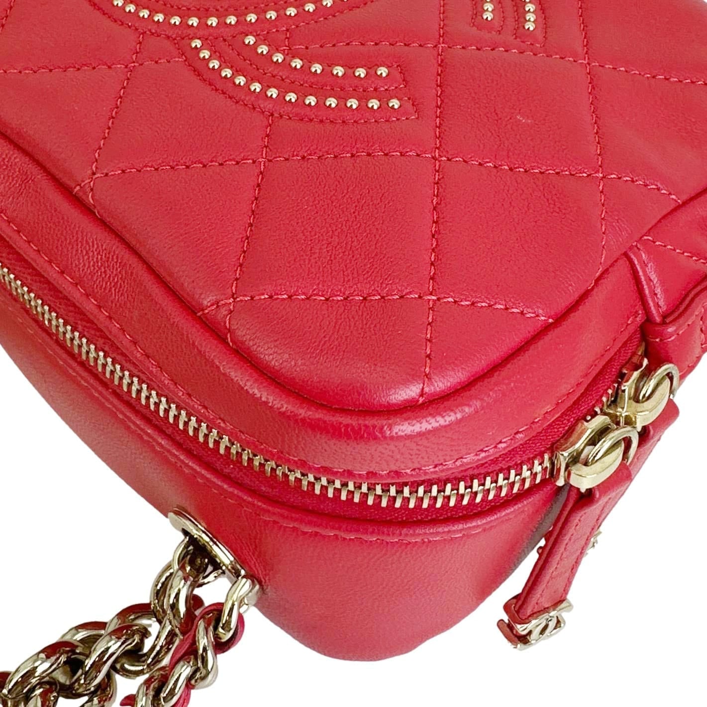 CHANEL Studded Beauty Begins Quilted Lambskin Leather Camera Case Red