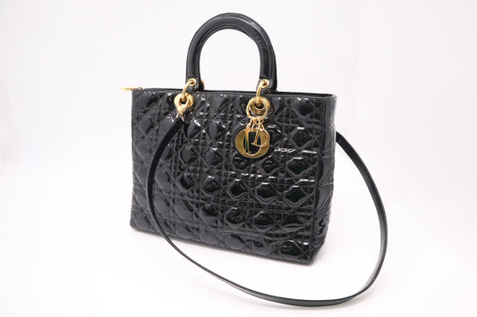 Dior Large Lady Dior in Black Cannage Patent Leather