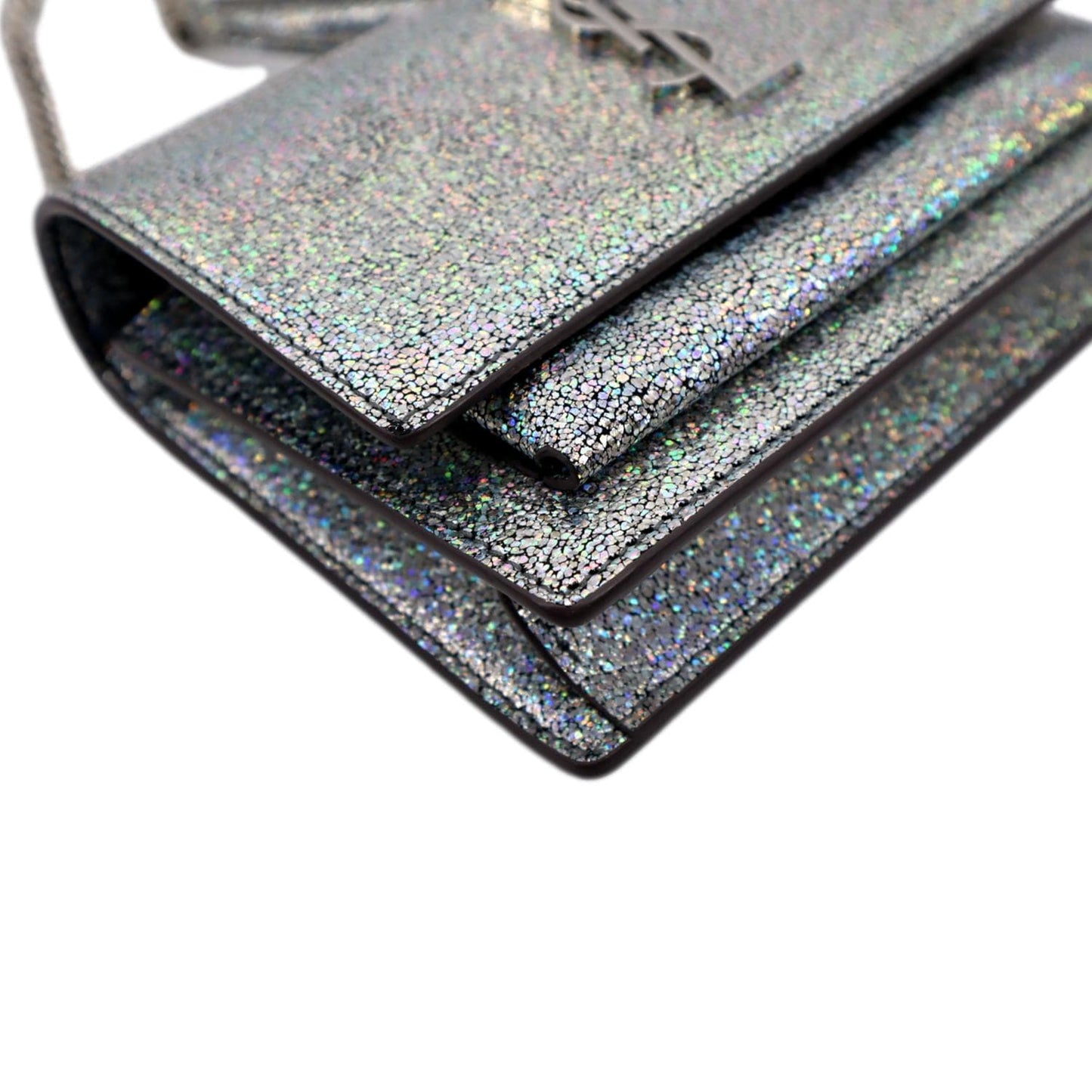 YVES SAINT LAURENT Sunset Crackled Metallic Leather Crossbody Bag Silver
