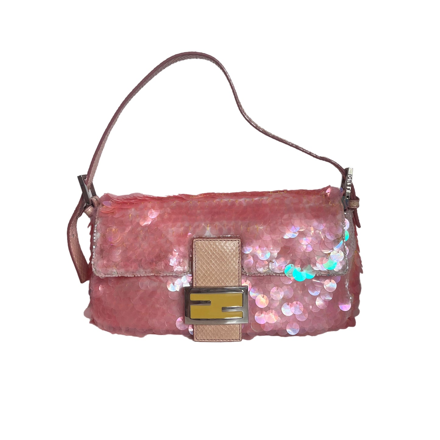 Fendi Baguette Pink Translucent Circular Sequins with Python-skin Leather Strap