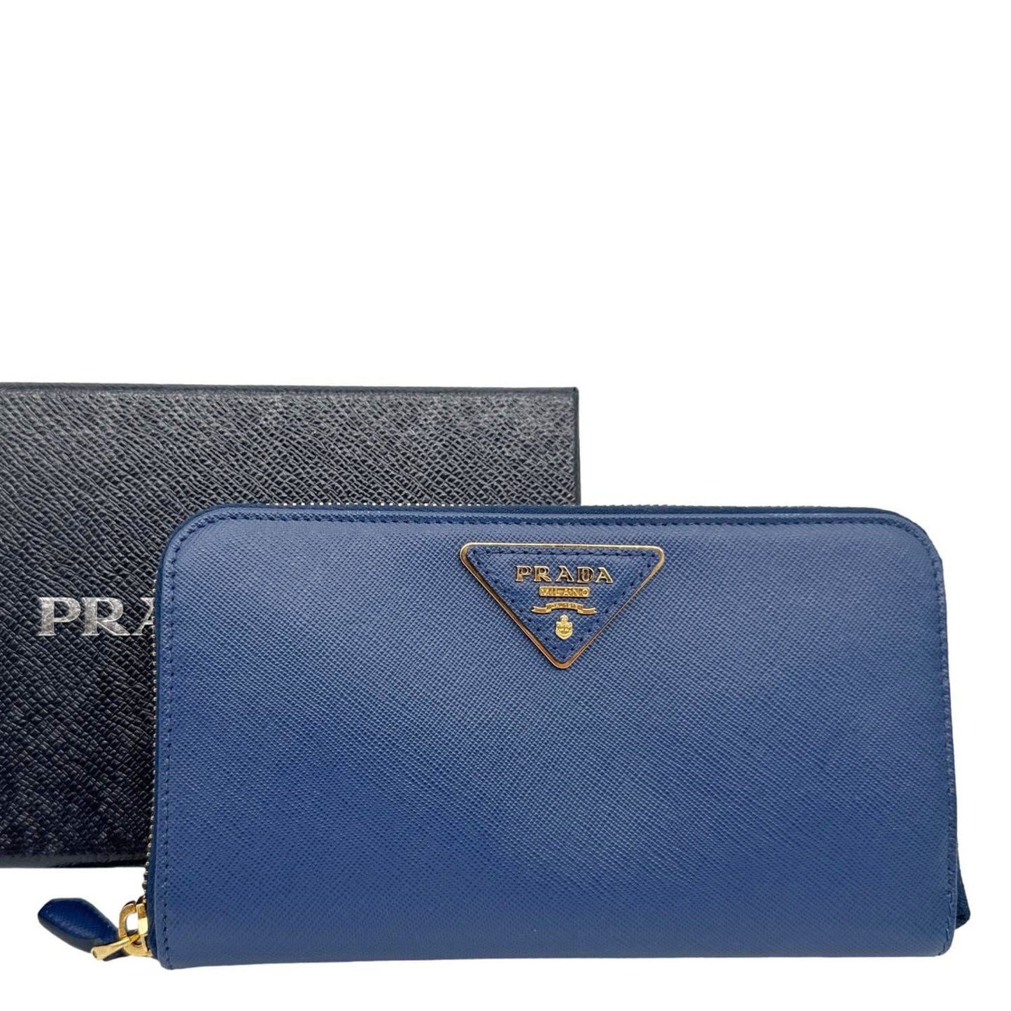 PRADA Zip Around Saffiano Leather Wallet Blue