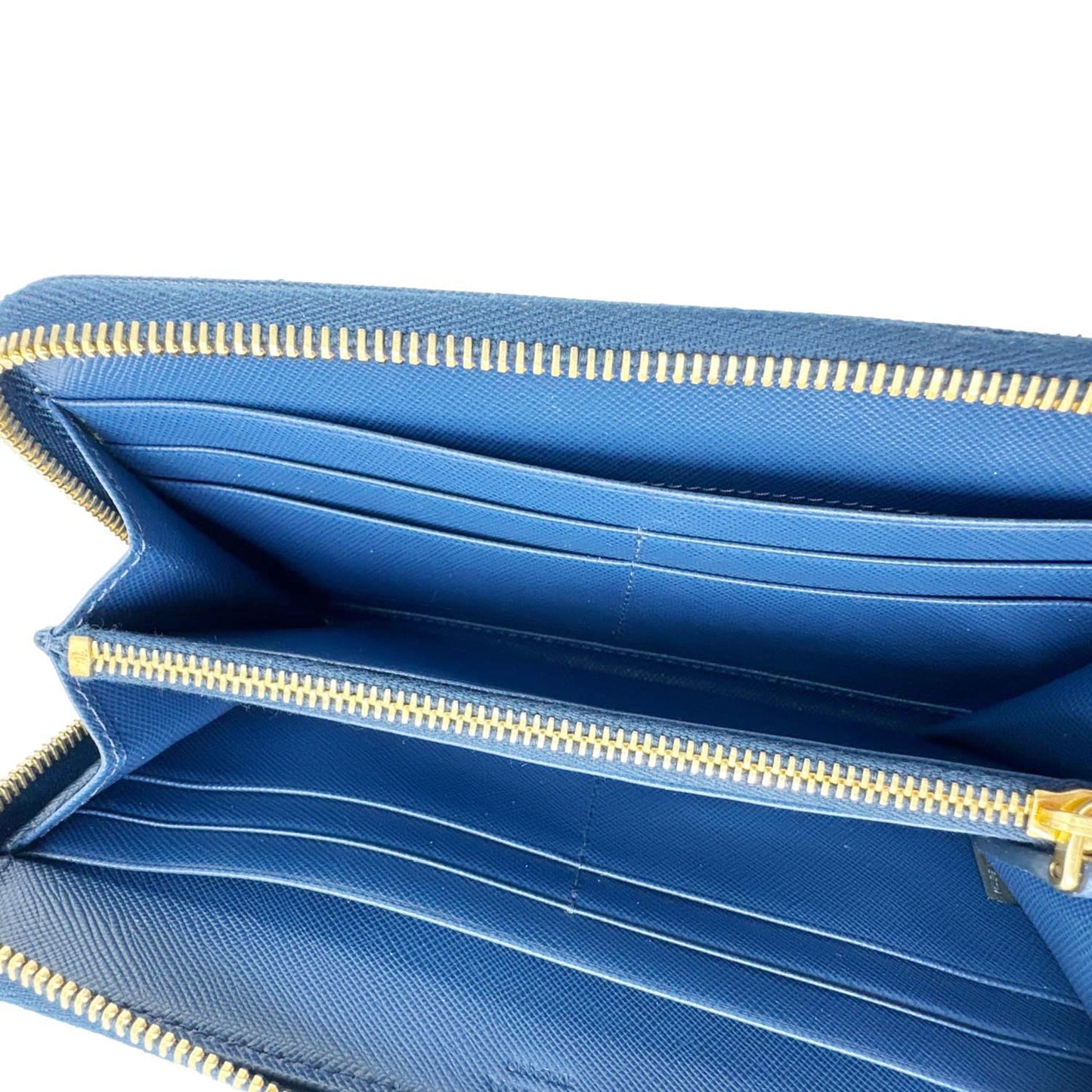 PRADA Zip Around Saffiano Leather Wallet Blue