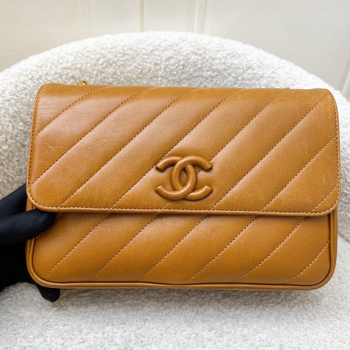 Chanel Diagonal Quilted Small Flap Bag in Caramel Brown Leather and AGHW