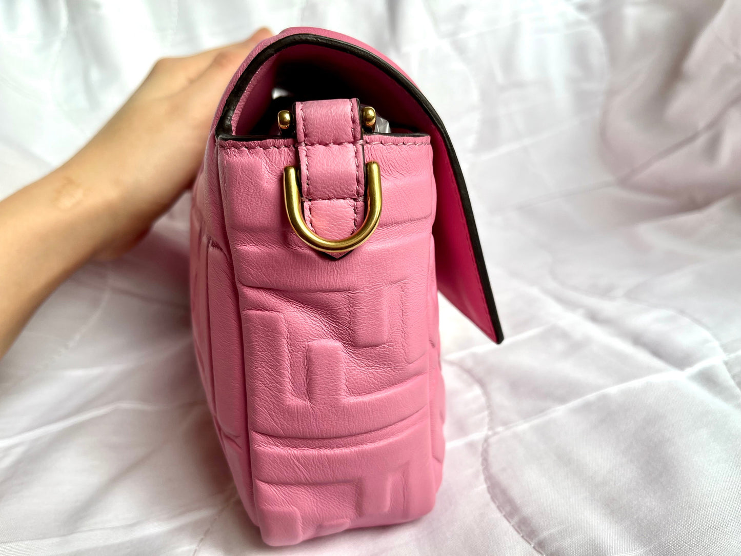 FENDI Baguette Pink Leather 3D FF Motif Crossbody bag