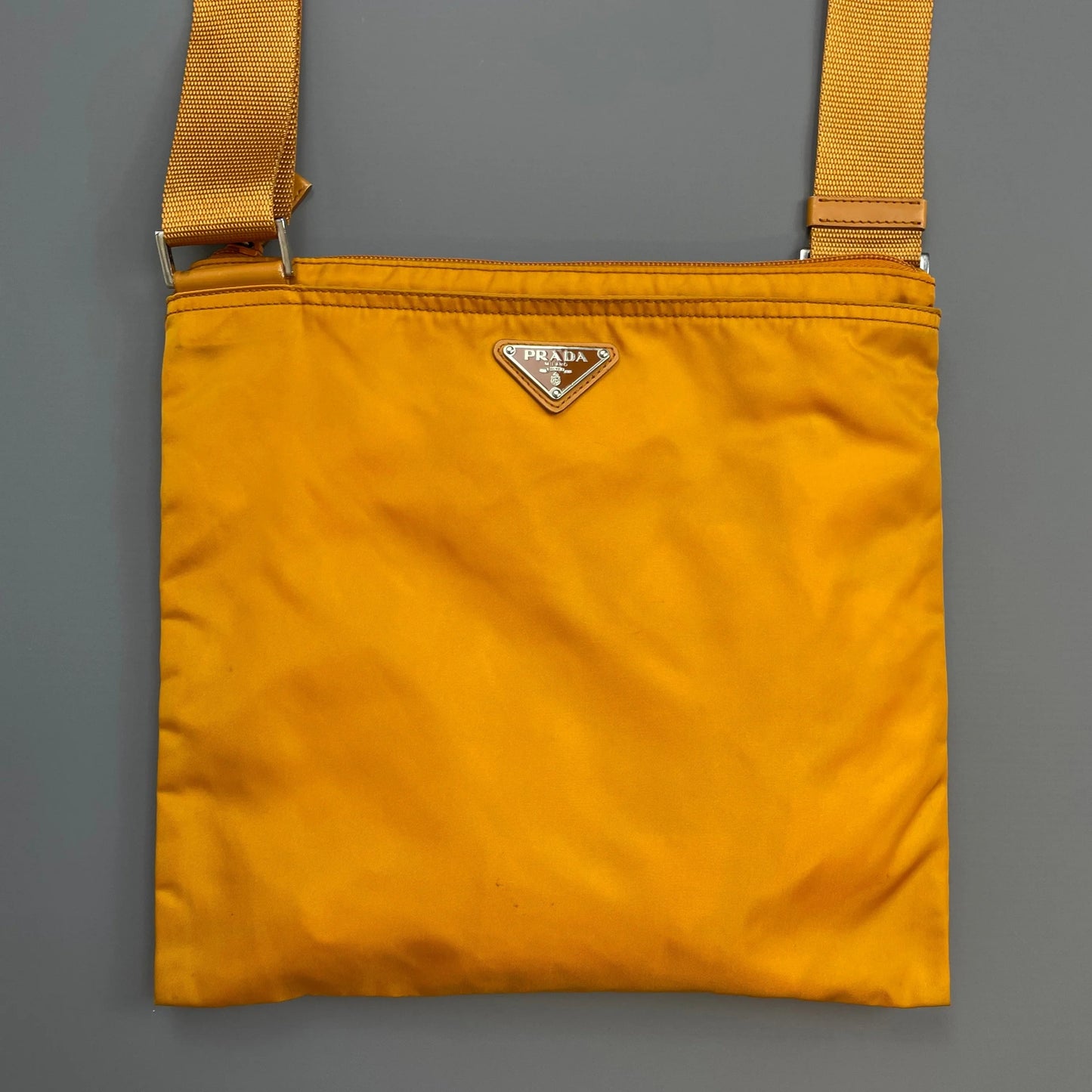 Prada Golden Orange Nylon Plaque Crossbody Shoulder Bag