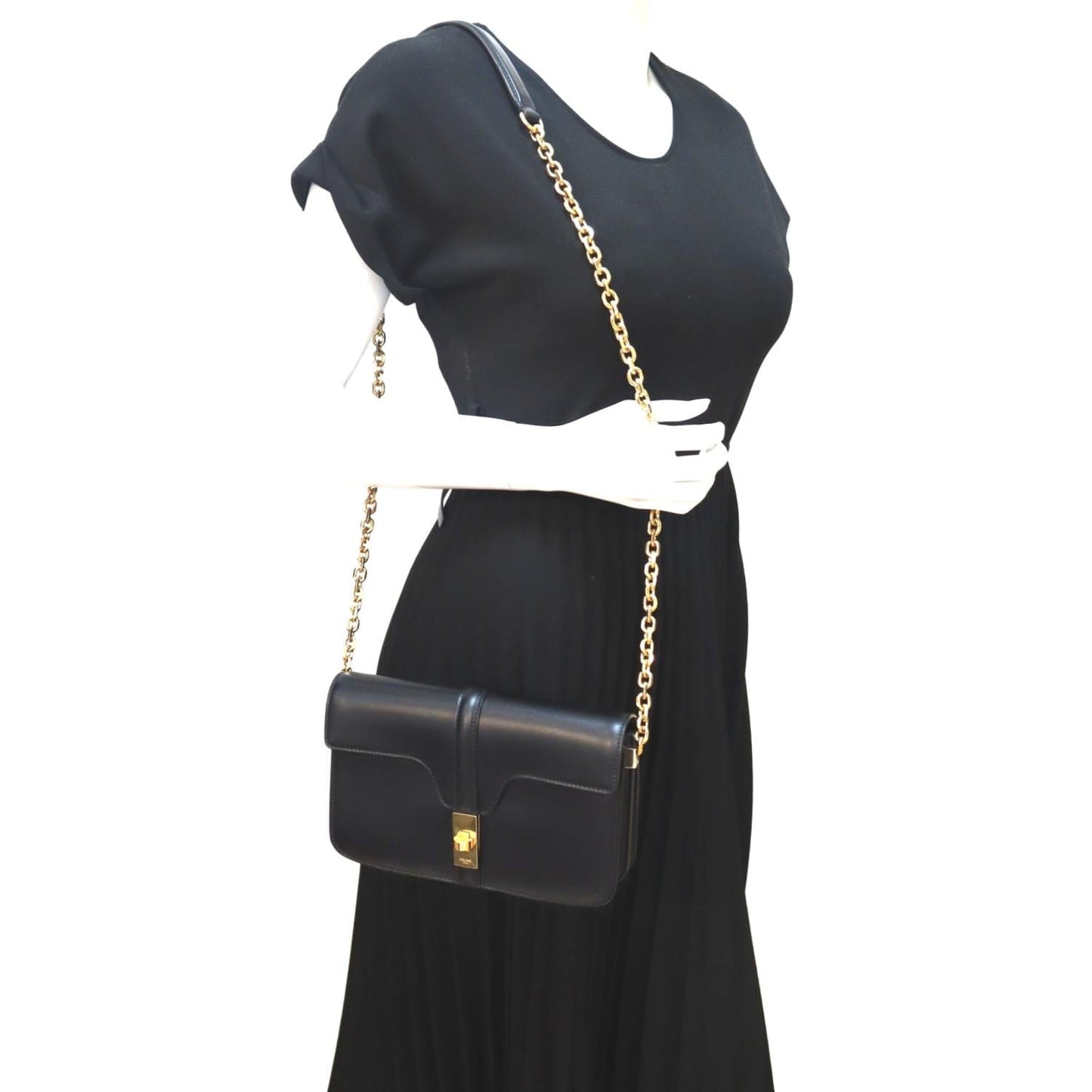 CELINE 16 Satinated Calfskin Leather Crossbody Chain Bag Black