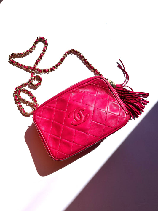 CHANEL Tassel Pink Leather Quilted Crossbody Camera Case Bag