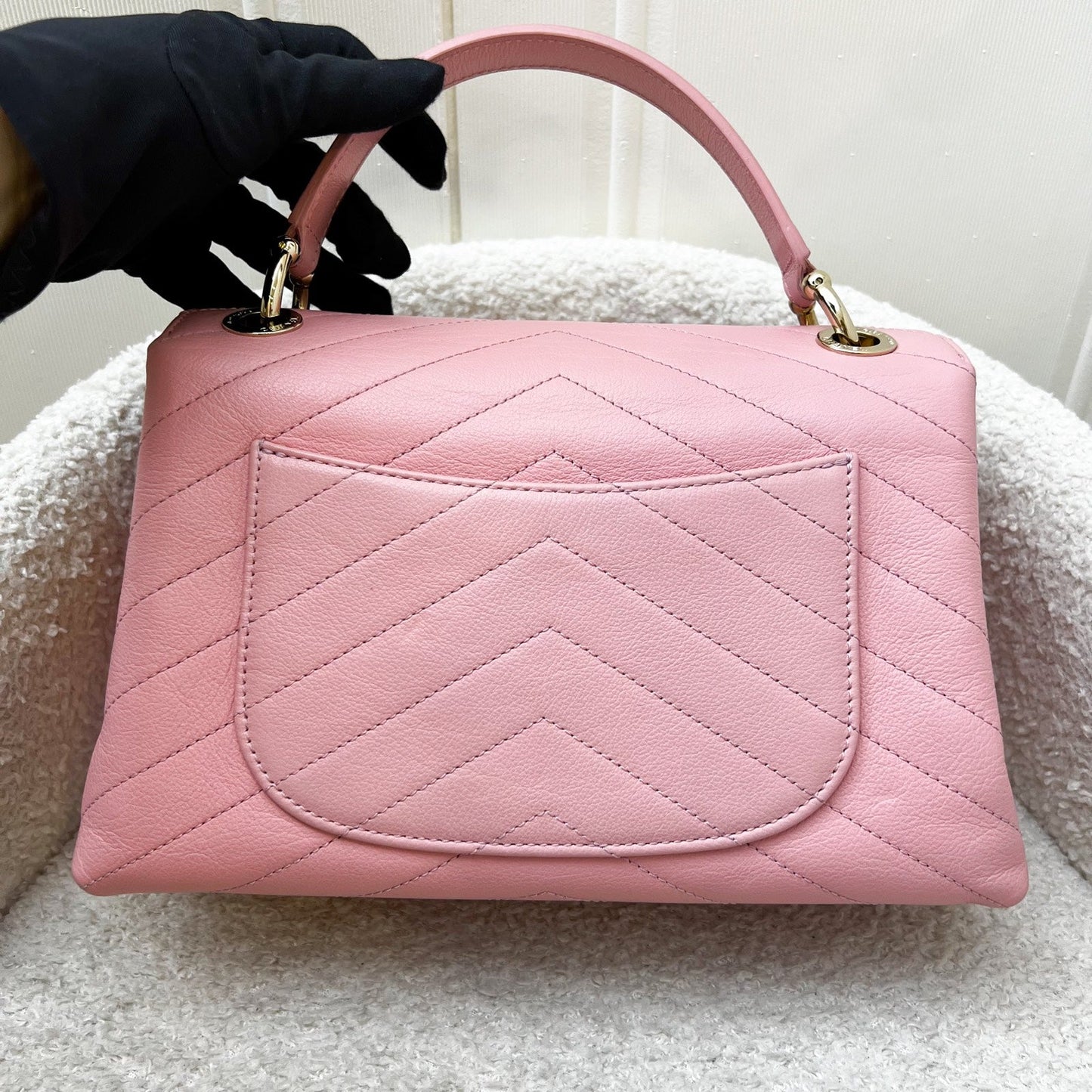 Chanel Seasonal Top Handle Flap Bag in Chevron Quilted Pink Calf Leather and LGHW