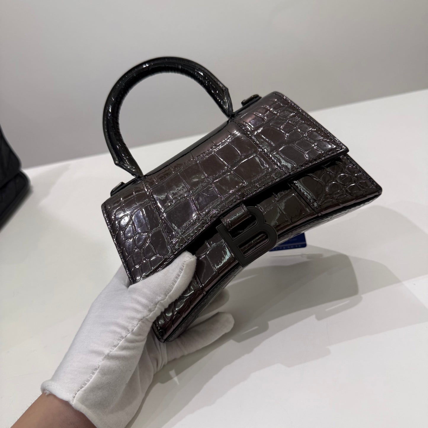 Balenciaga Silver-gray Crocodile Embossed Hourglass Bag