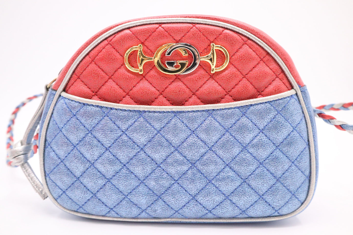 Gucci Trapuntata Crossbody Bag in Blue White and Red Metallic Leather