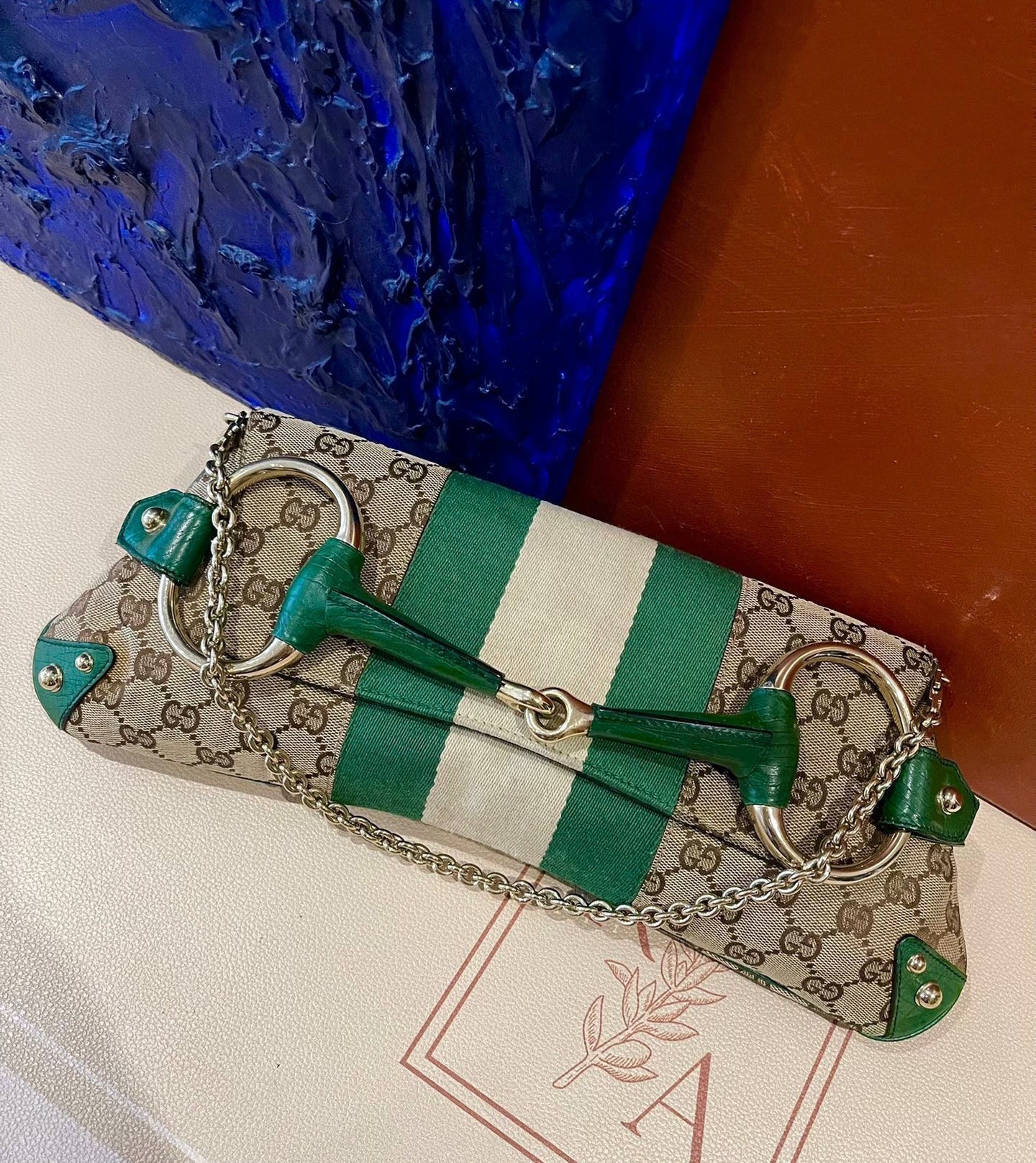 Iconic Gucci Horsebit 1955 Chain Cloth Gucci Monogram Green Leather and Gold Studs