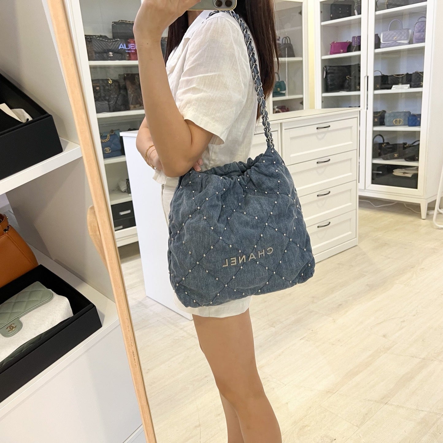 Chanel 22 Small Hobo Bag in 24S Studded Washed and SHW (Model: AS3260)