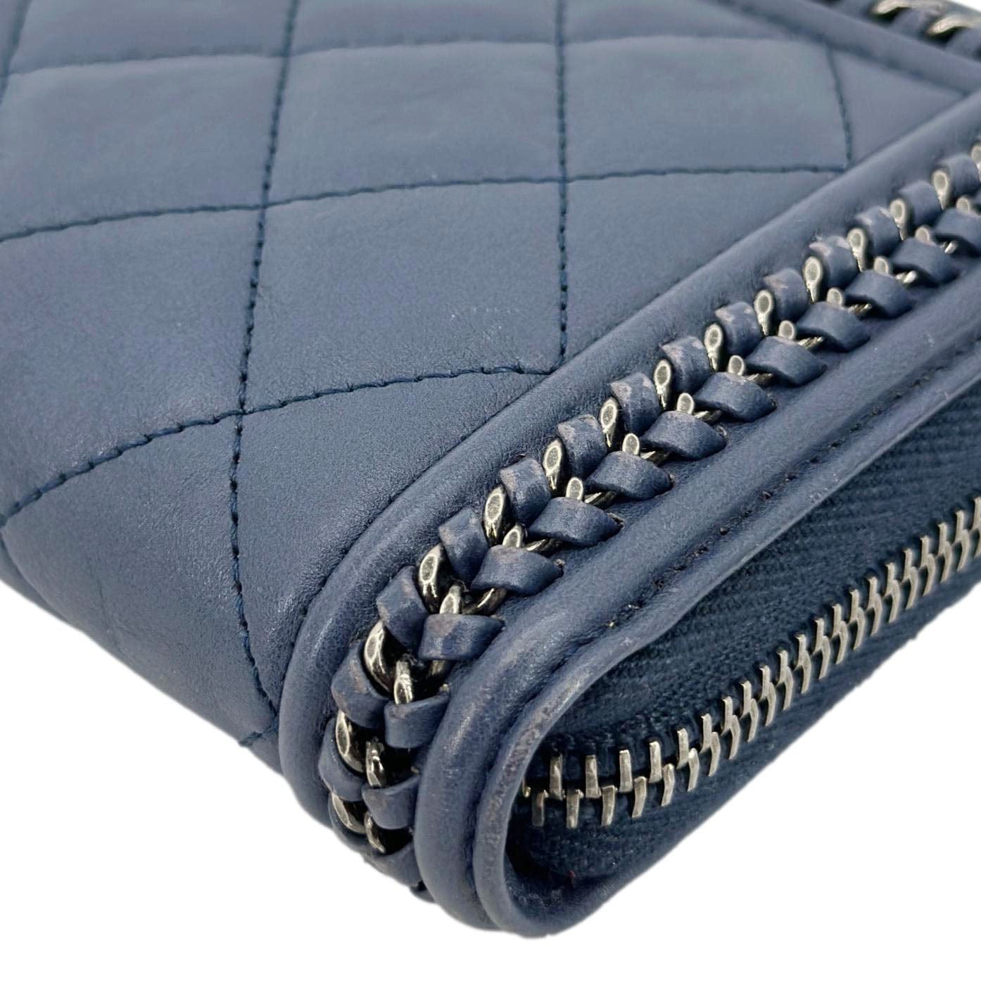 CHANEL Boy Quilted Calfskin Leather Zip Around Wallet Blue