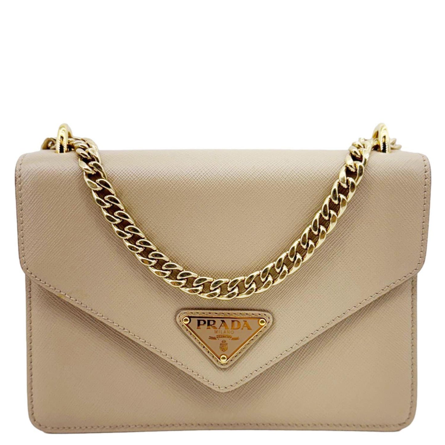 PRADA Metal Triangle Envelope Saffiano Leather Chain Shoulder Bag Beige