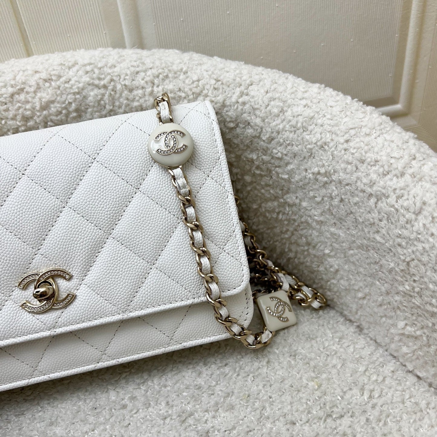 Chanel 25P Wallet on Chain WOC in White Caviar and LGHW (Model: AP4299) Crossbody