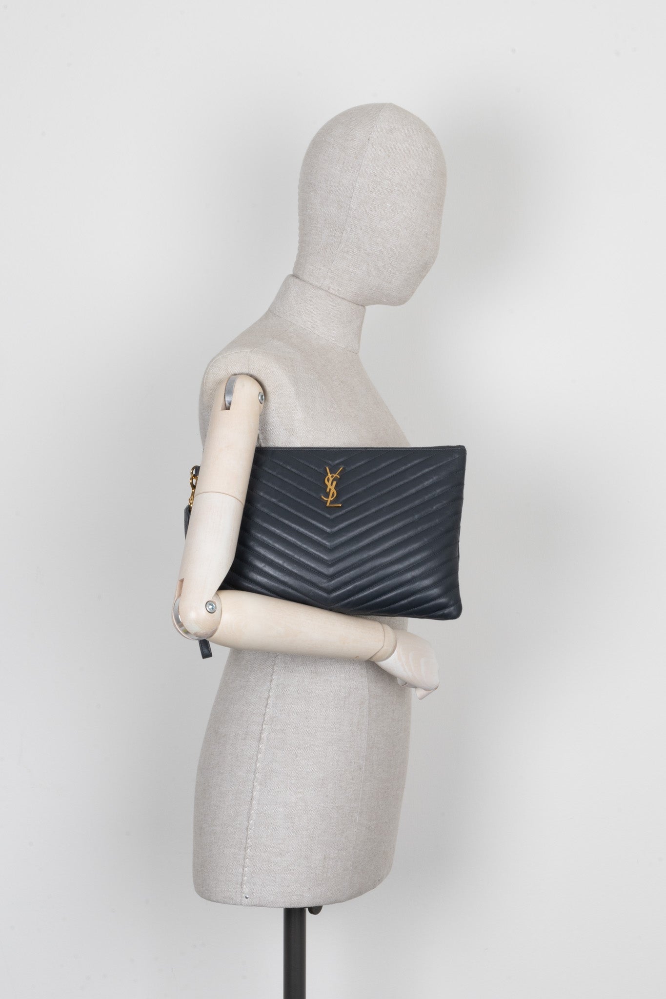 SAINT LAURENT V Stitch Cassandre Zip Clutch Grey