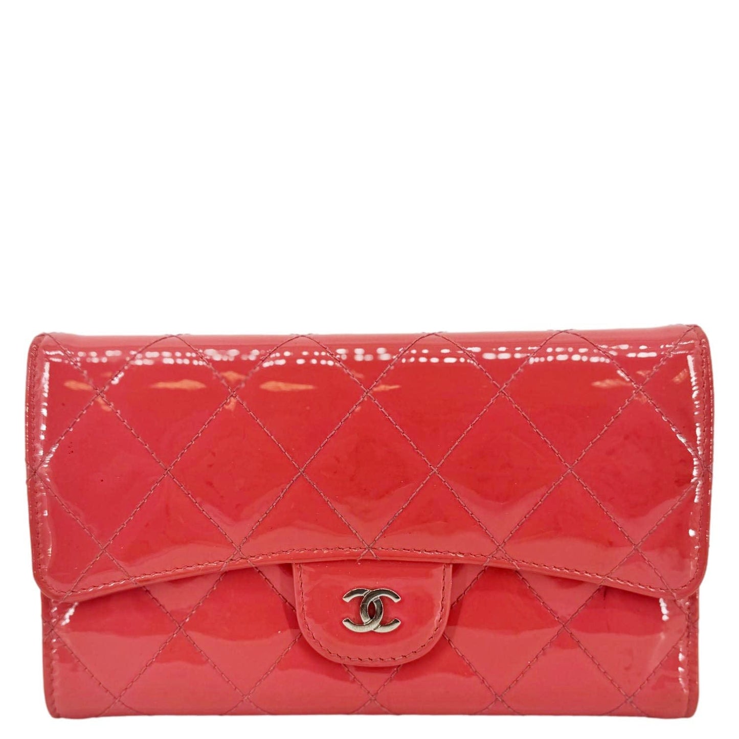 CHANEL Quilted Patent Leather Long Wallet Pink