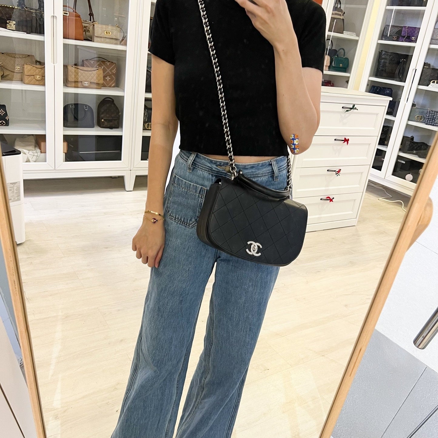 Chanel Seasonal Medium Top Handle Full Flap Bag with Chain Strap in Black Calfskin and SHW