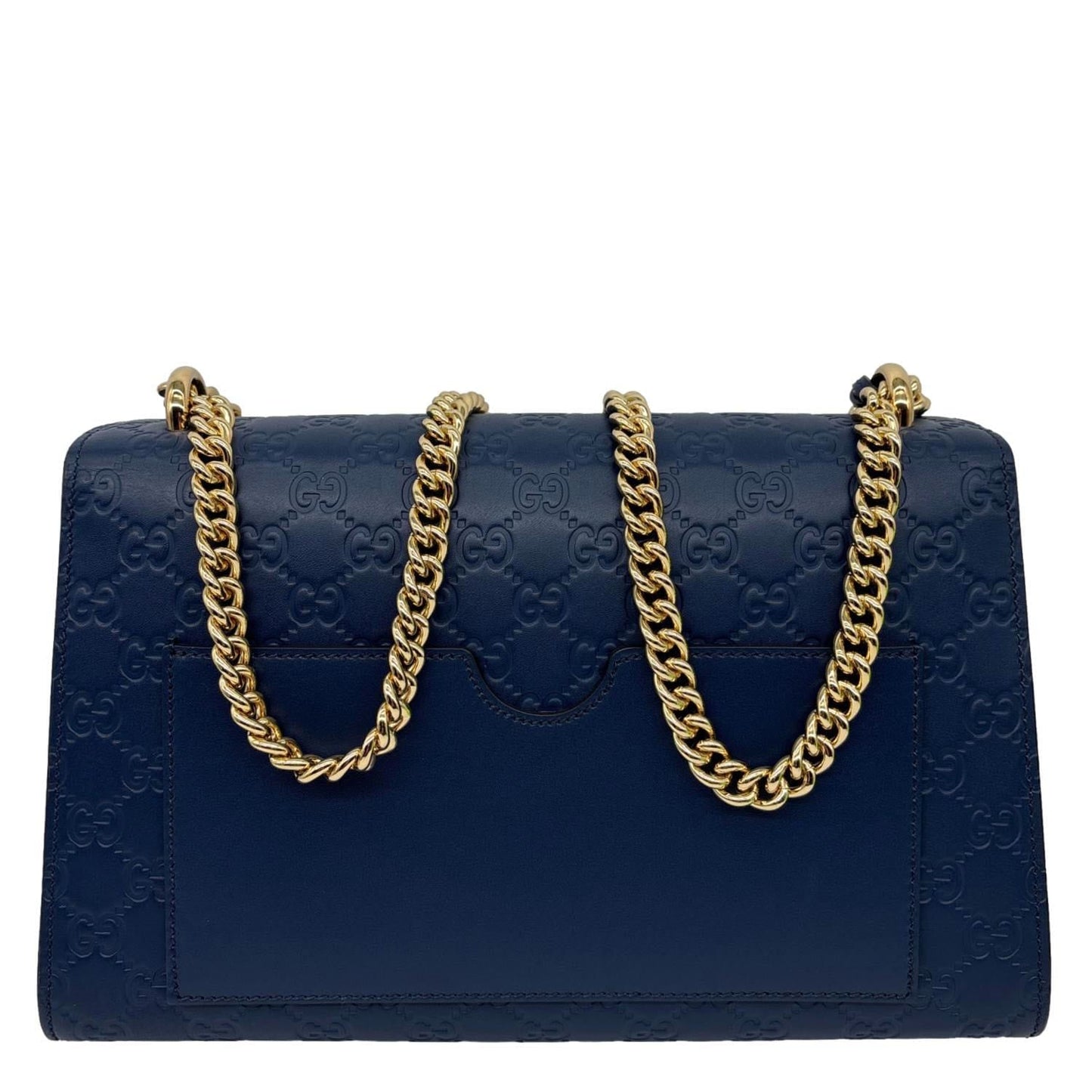 GUCCI Padlock Medium GG Leathrer Chain Shoulder Bag Navy Blue 409486