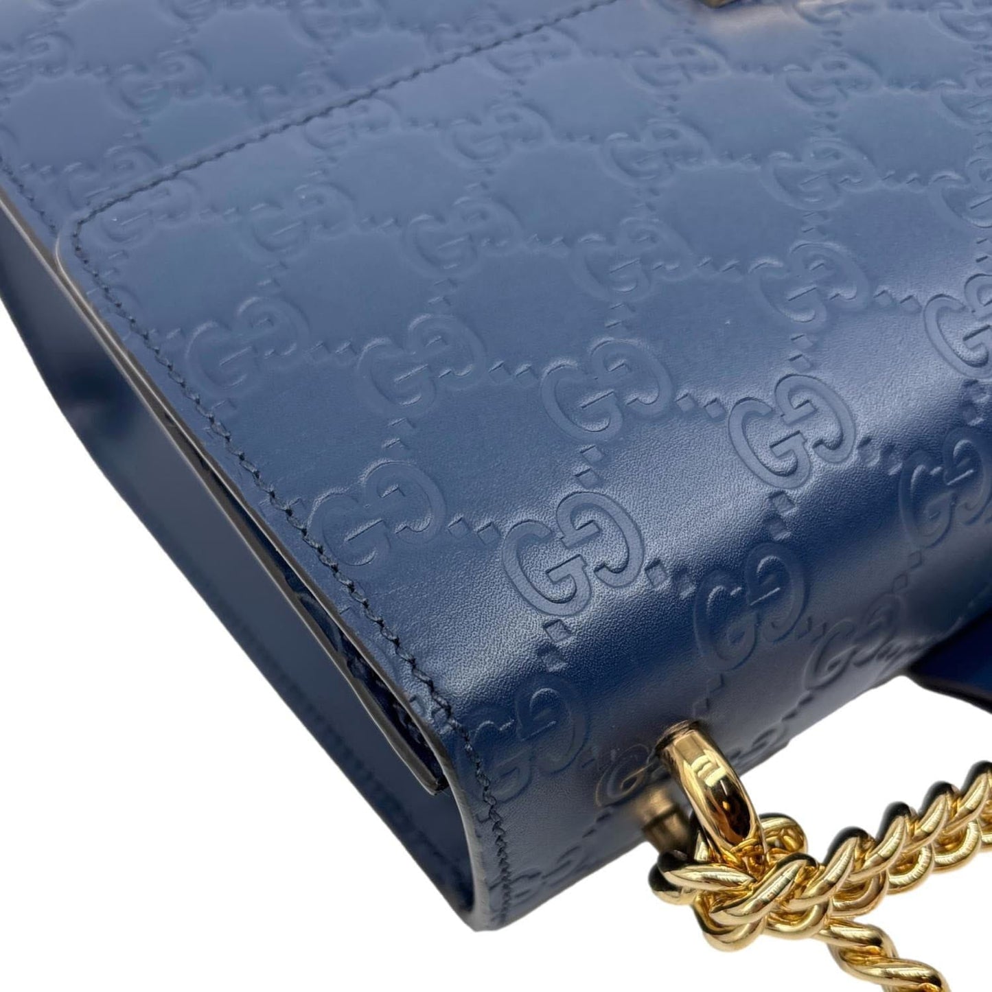 GUCCI Padlock Medium GG Leathrer Chain Shoulder Bag Navy Blue 409486