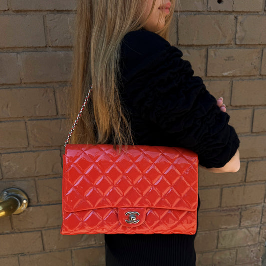 Chanel Patent Orange Clutch On Chain