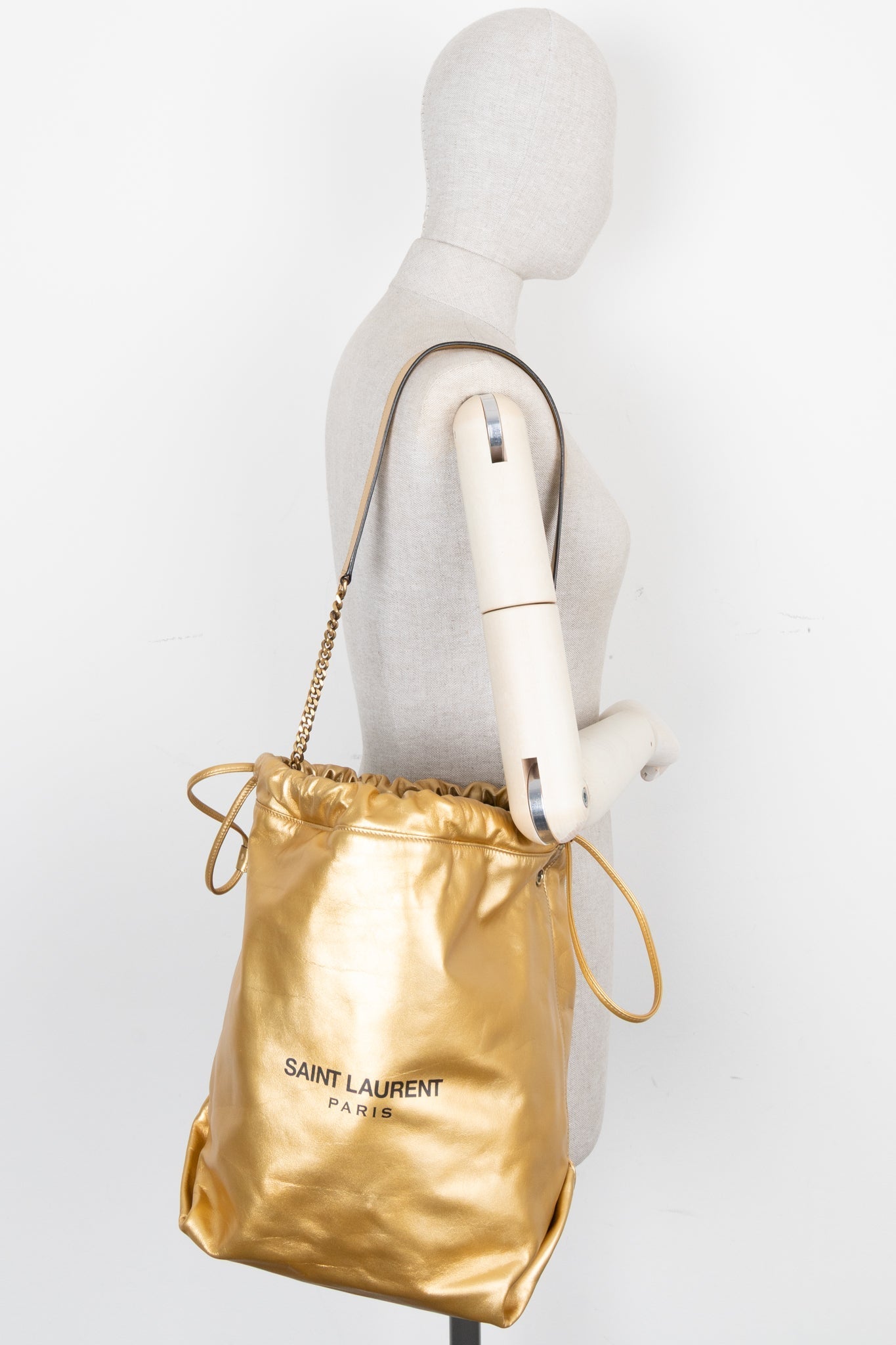SAINT LAURENT Teddy Drawstring Bucket Bag Gold