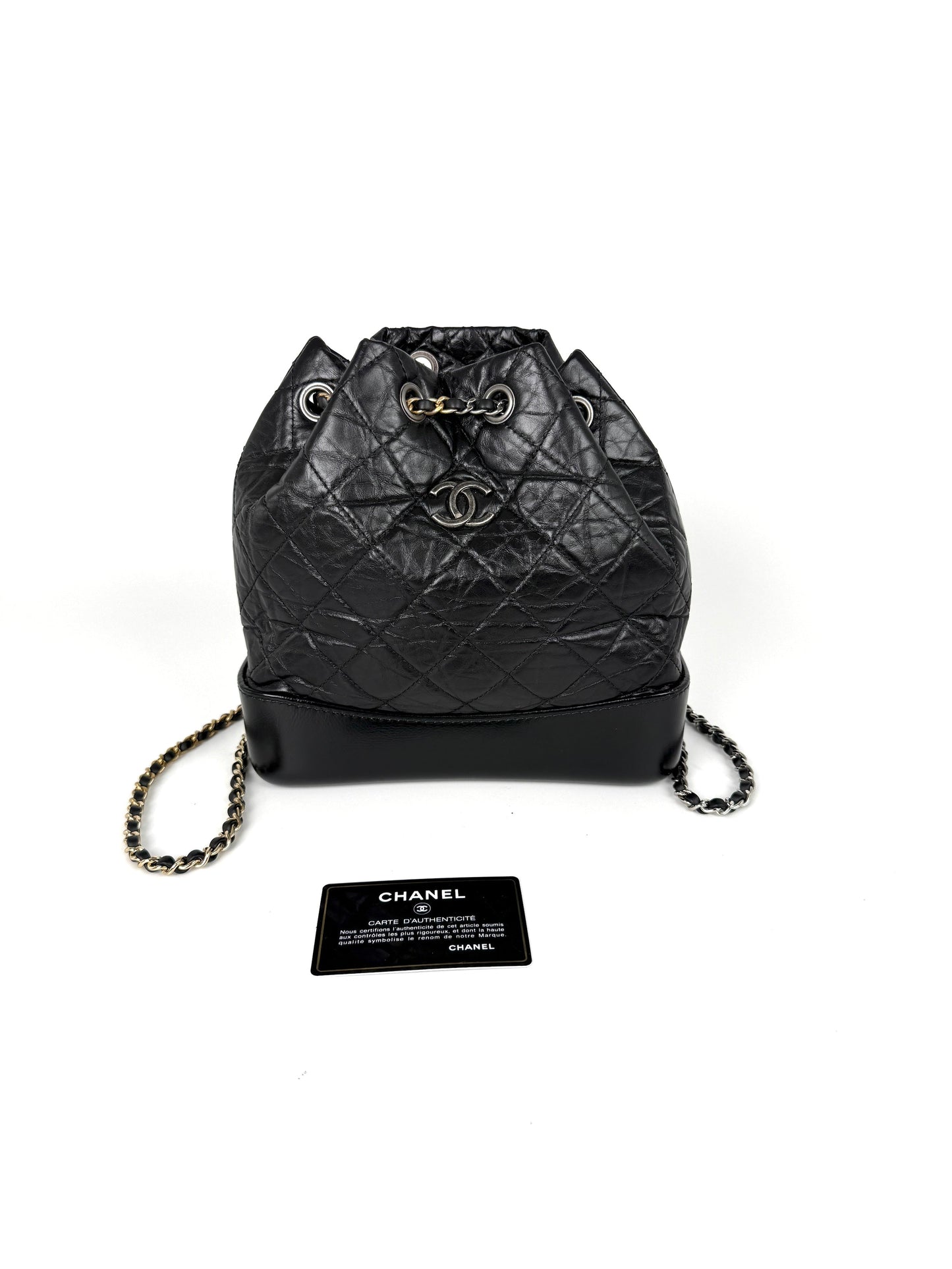 CHANEL Gabrielle Small Quilted Aged Calfskin Leather Black Backpack Bag