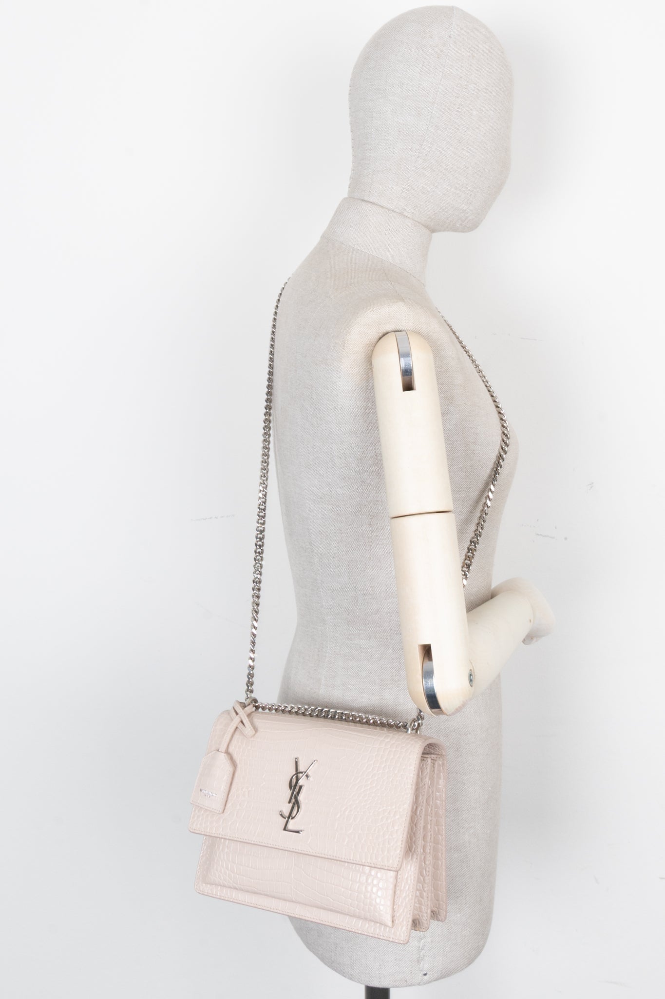 SAINT LAURENT Sunset Croc Embossed Crossbody Bag Blush Pink