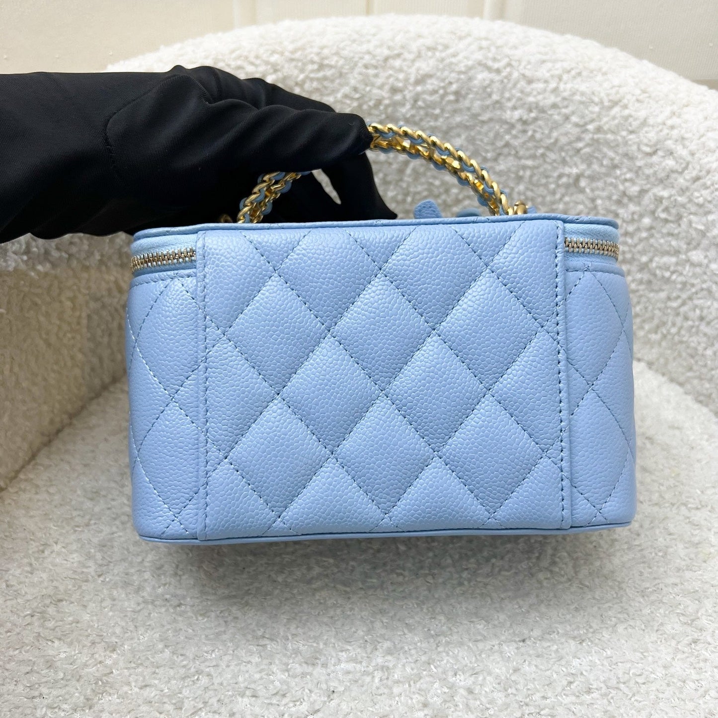 Chanel 22S "Pick Me Up" Vanity with Top Handle in Baby Blue Caviar and AGHW (Model: AP2805) Handbag