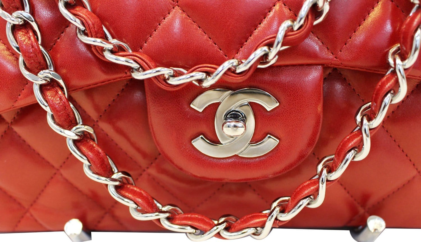 CHANEL Red Quilted Lambskin Leather Classic Jumbo Double Flap Bag