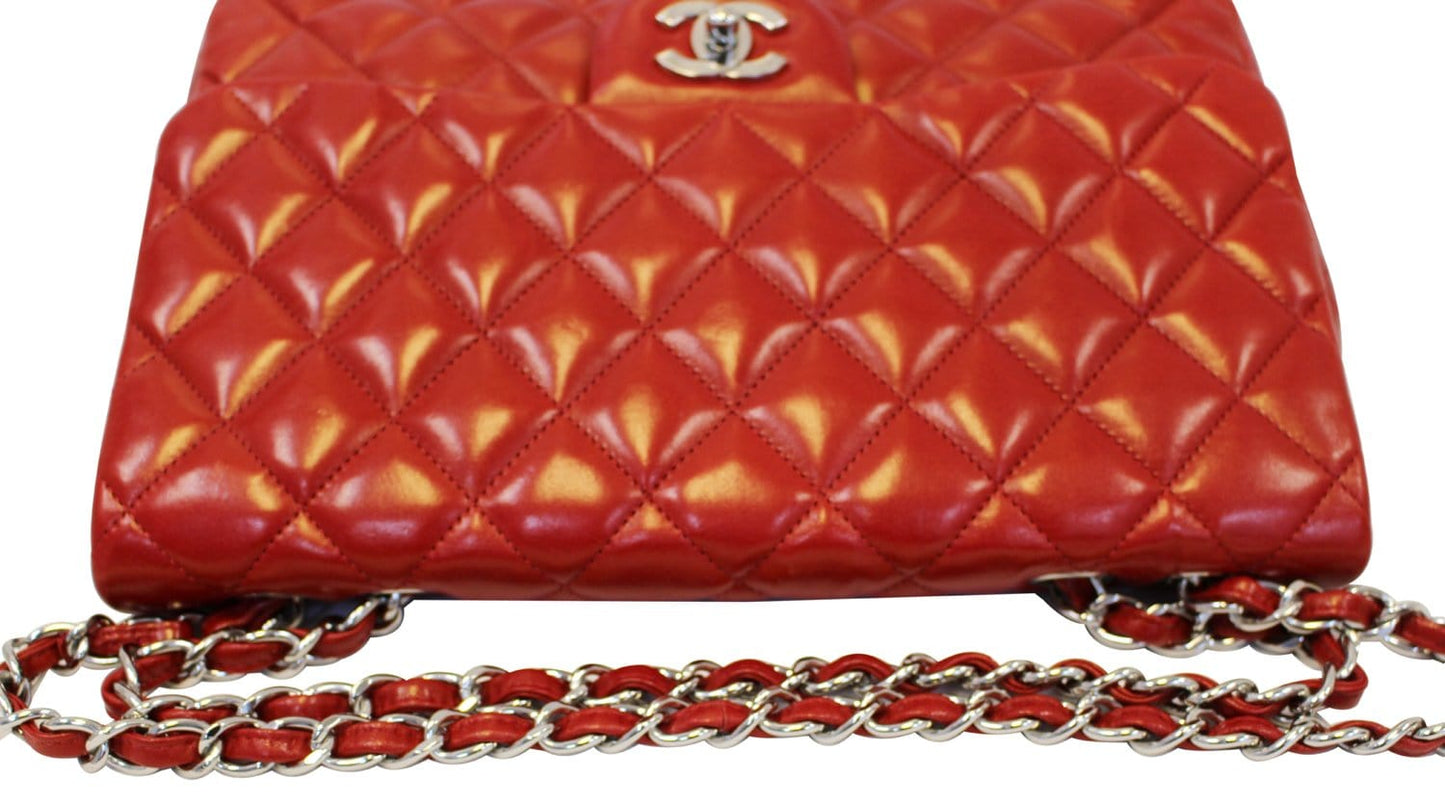 CHANEL Red Quilted Lambskin Leather Classic Jumbo Double Flap Bag