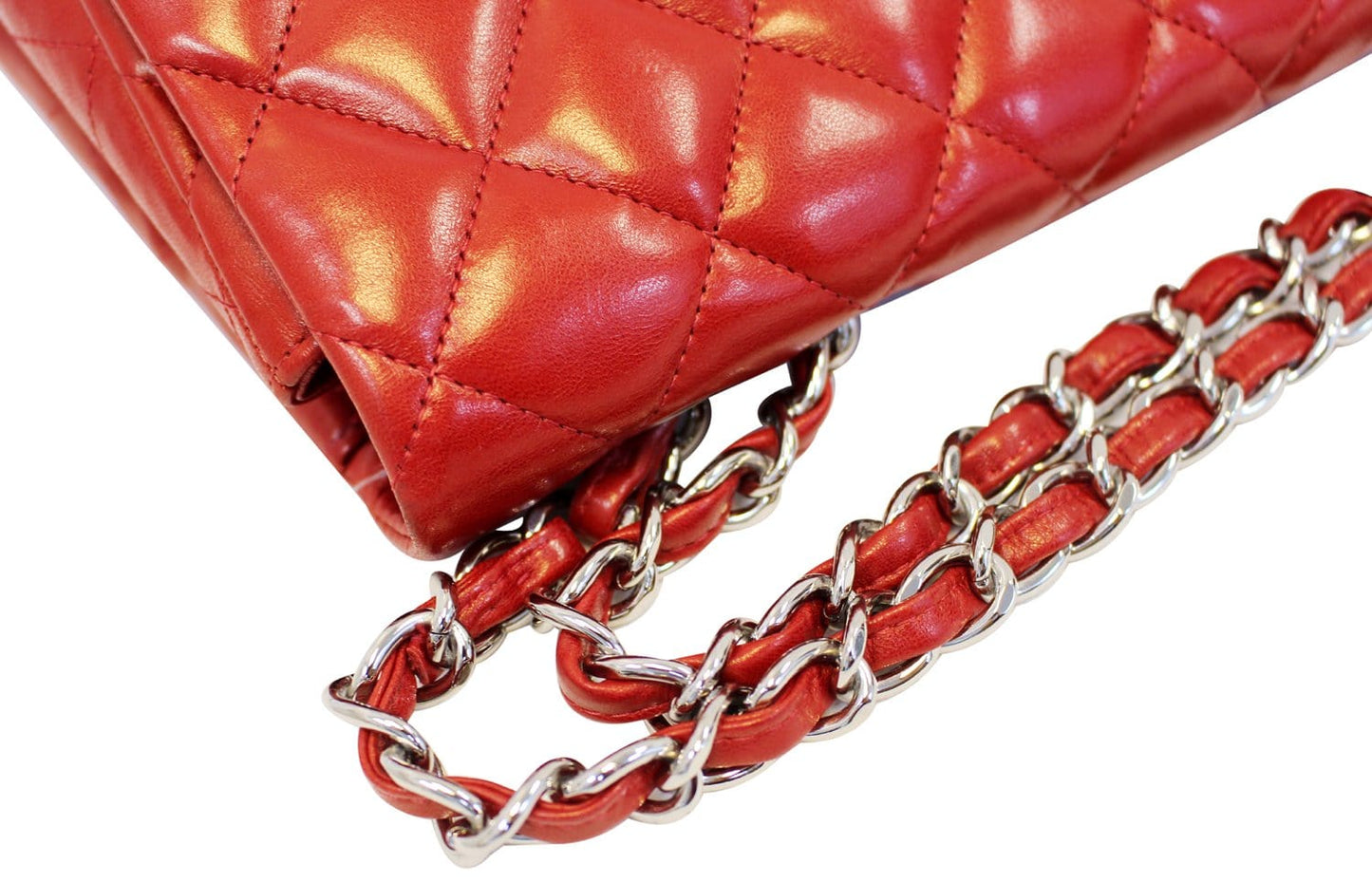 CHANEL Red Quilted Lambskin Leather Classic Jumbo Double Flap Bag
